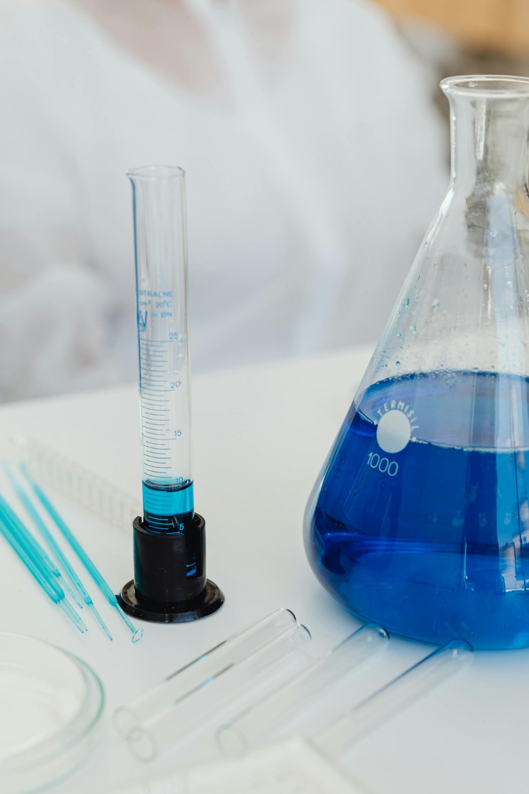 Blue laboratory glassware
